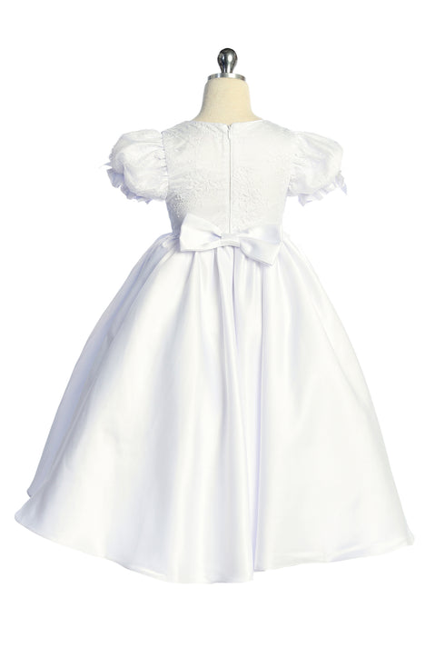 Girls White Babydoll Embroidered Puff Sleeve Satin Communion Dress 6-16